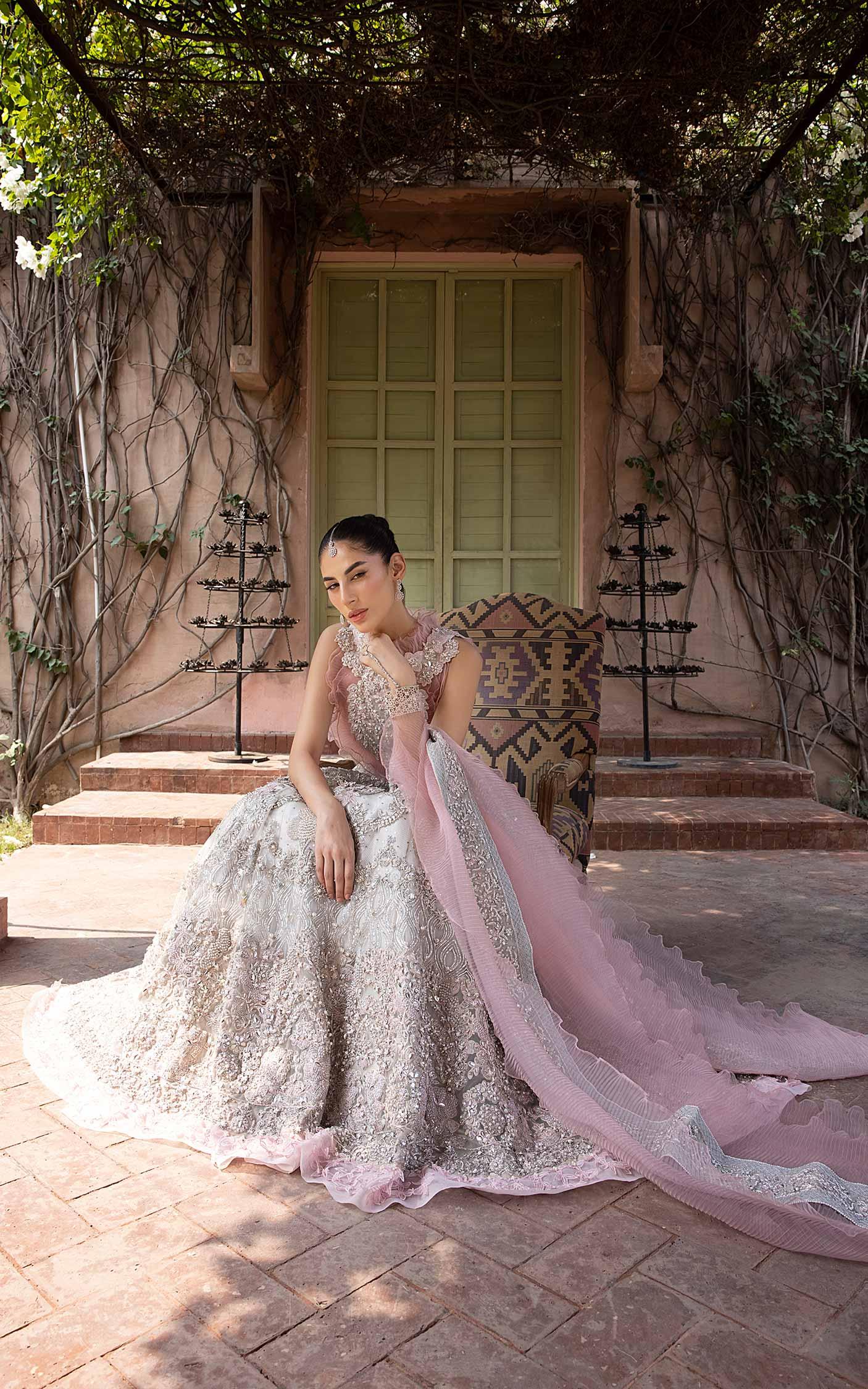 Pakistani Blush Pink Silver Embellished Silk-Blend Lehenga (3-Piece) - Image 3