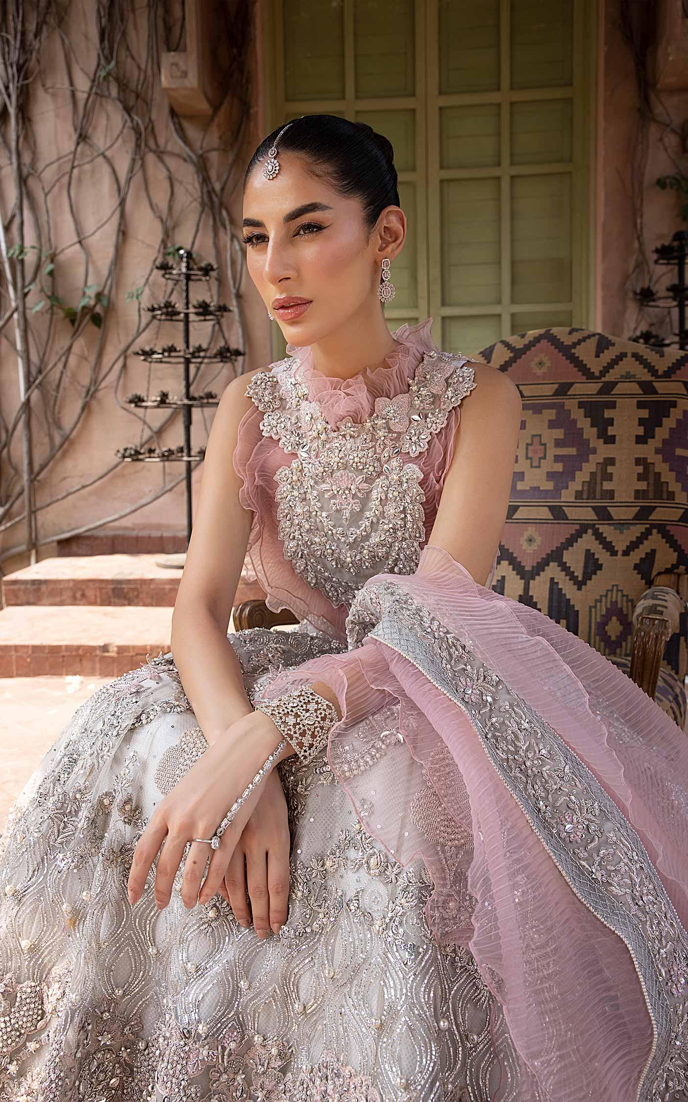 Pakistani Blush Pink Silver Embellished Silk-Blend Lehenga (3-Piece) - Image 4