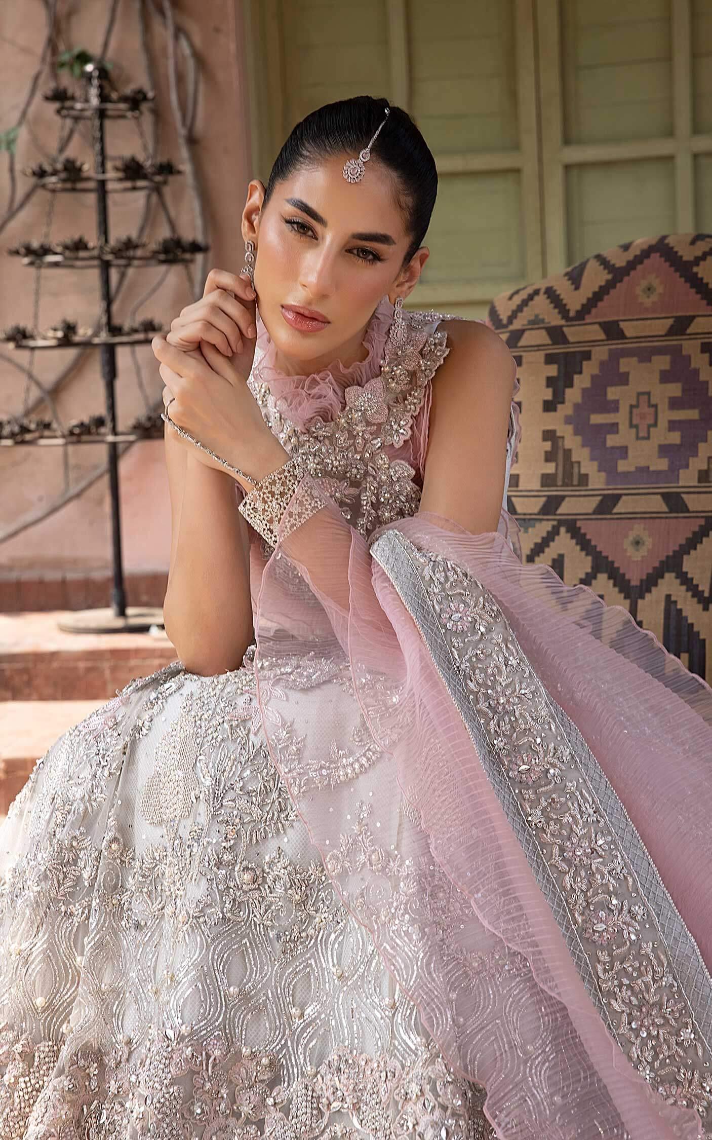 Pakistani Blush Pink Silver Embellished Silk-Blend Lehenga (3-Piece) - Image 5