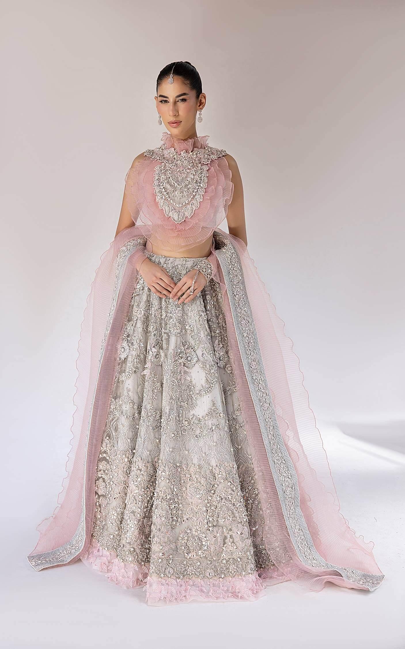 Pakistani Blush Pink Silver Embellished Silk-Blend Lehenga (3-Piece) - Image 6