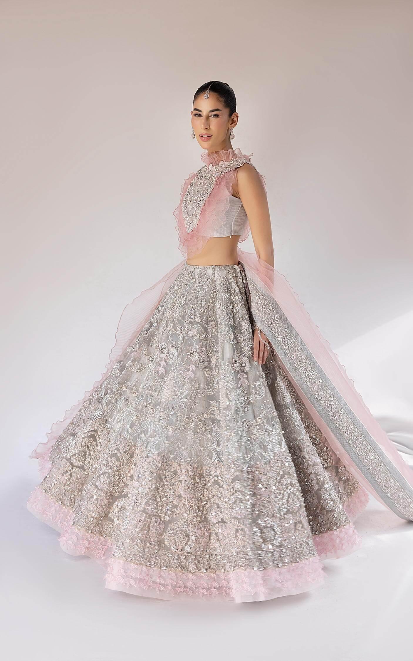 Pakistani Blush Pink Silver Embellished Silk-Blend Lehenga (3-Piece) - Image 8