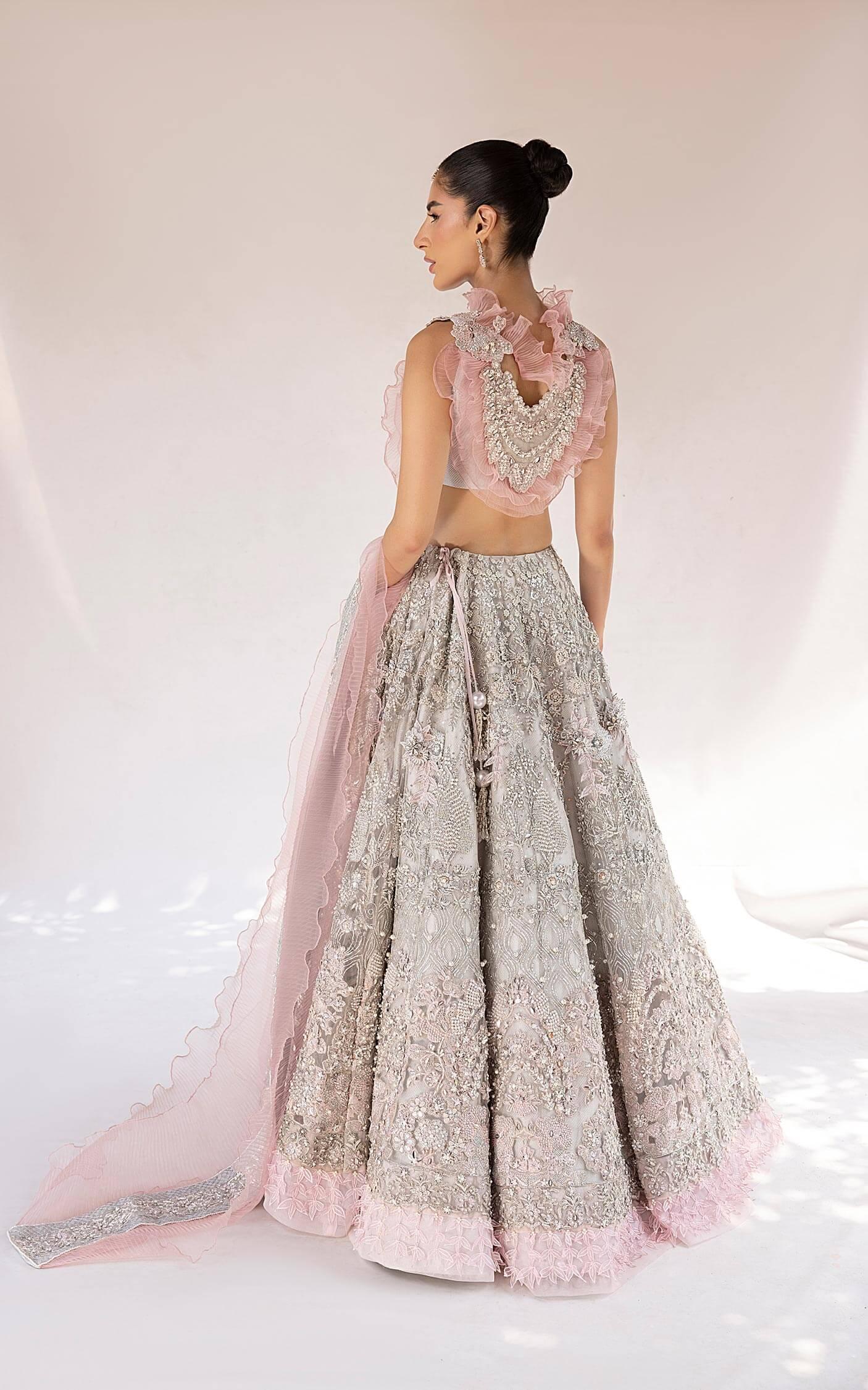 Pakistani Blush Pink Silver Embellished Silk-Blend Lehenga (3-Piece) - Image 9