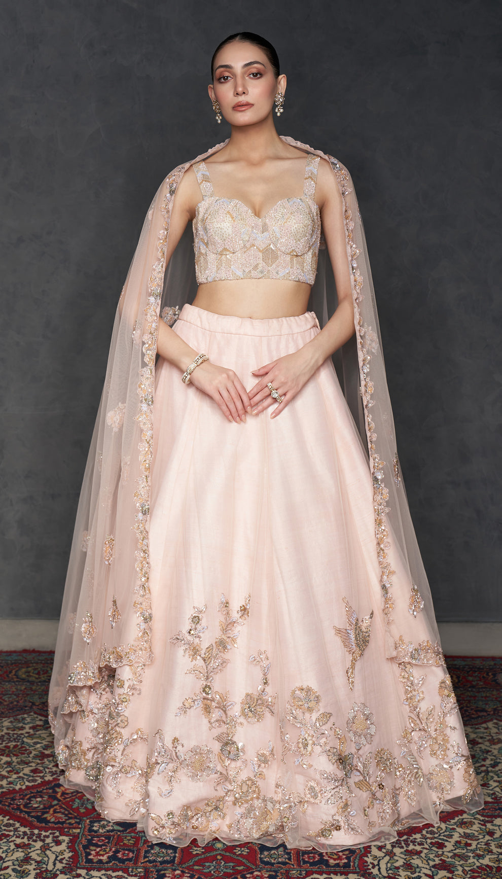 Blush Pink Embroidered Tulle Silk Lehenga (3-Piece) - Image 1