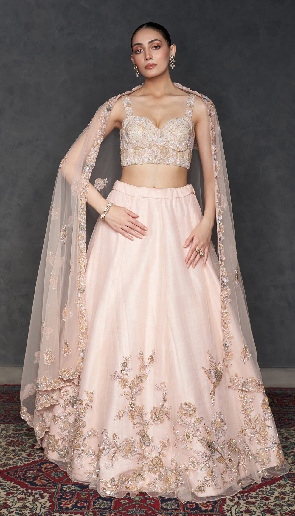 Blush Pink Embroidered Tulle Silk Lehenga (3-Piece) - Image 2