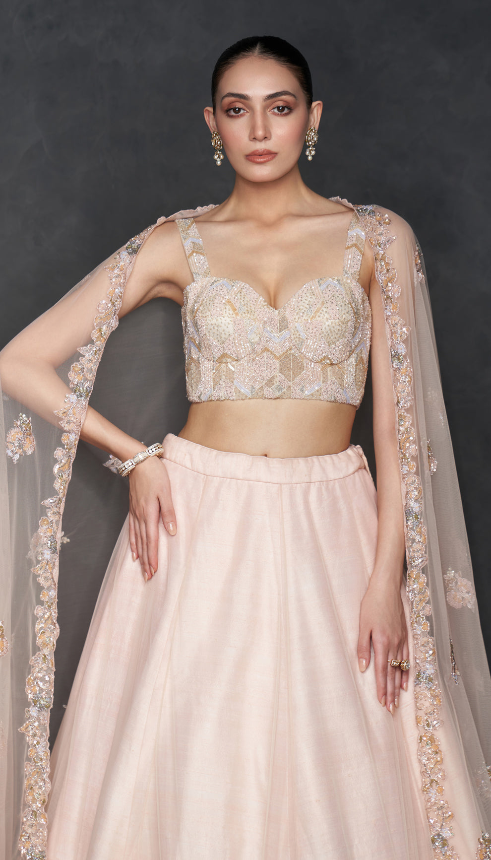 Blush Pink Embroidered Tulle Silk Lehenga (3-Piece) - Image 3