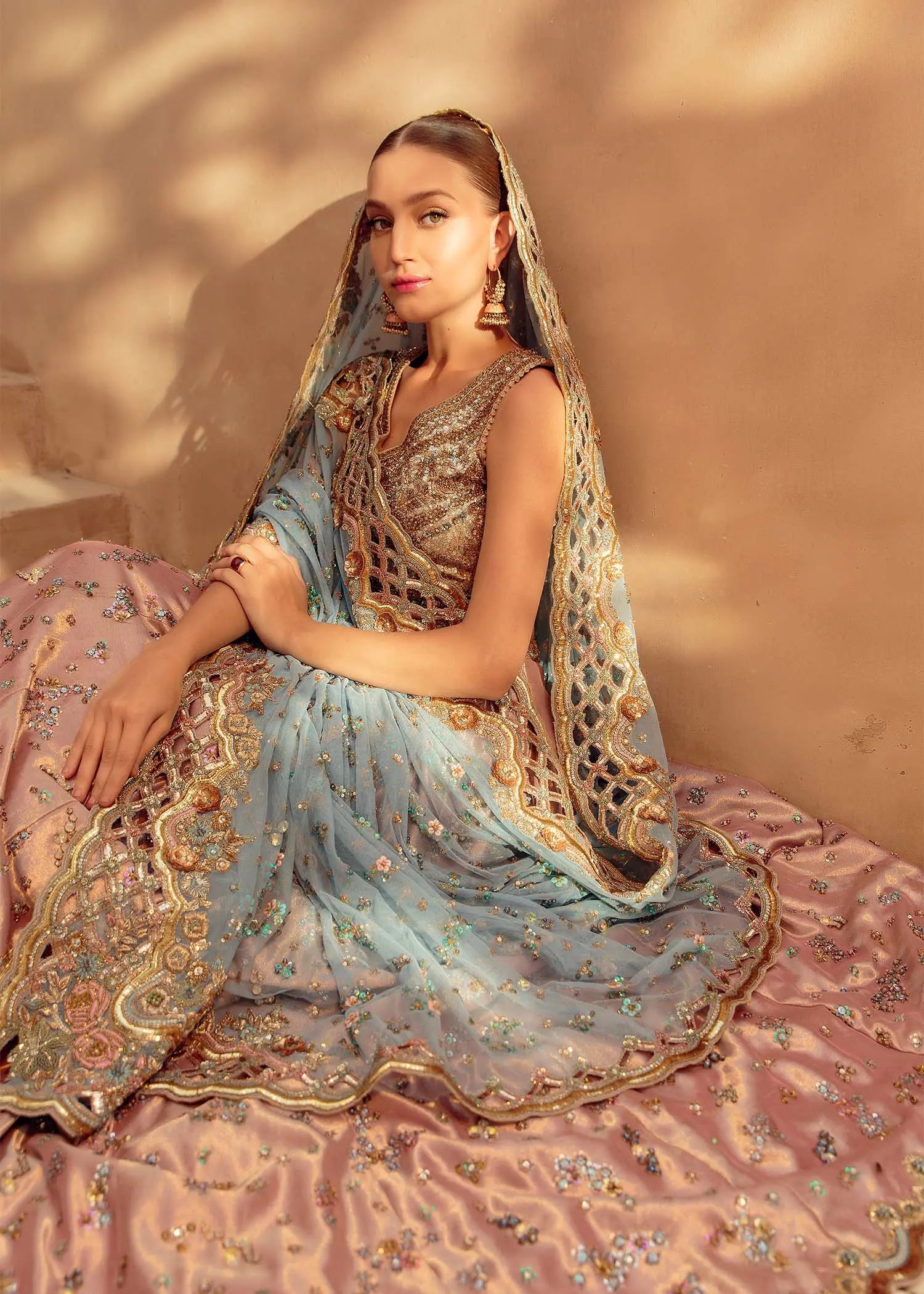 Pakistani Blush Pink Embellished Silk-Blend Lehenga Choli (3-Piece) - Image 3