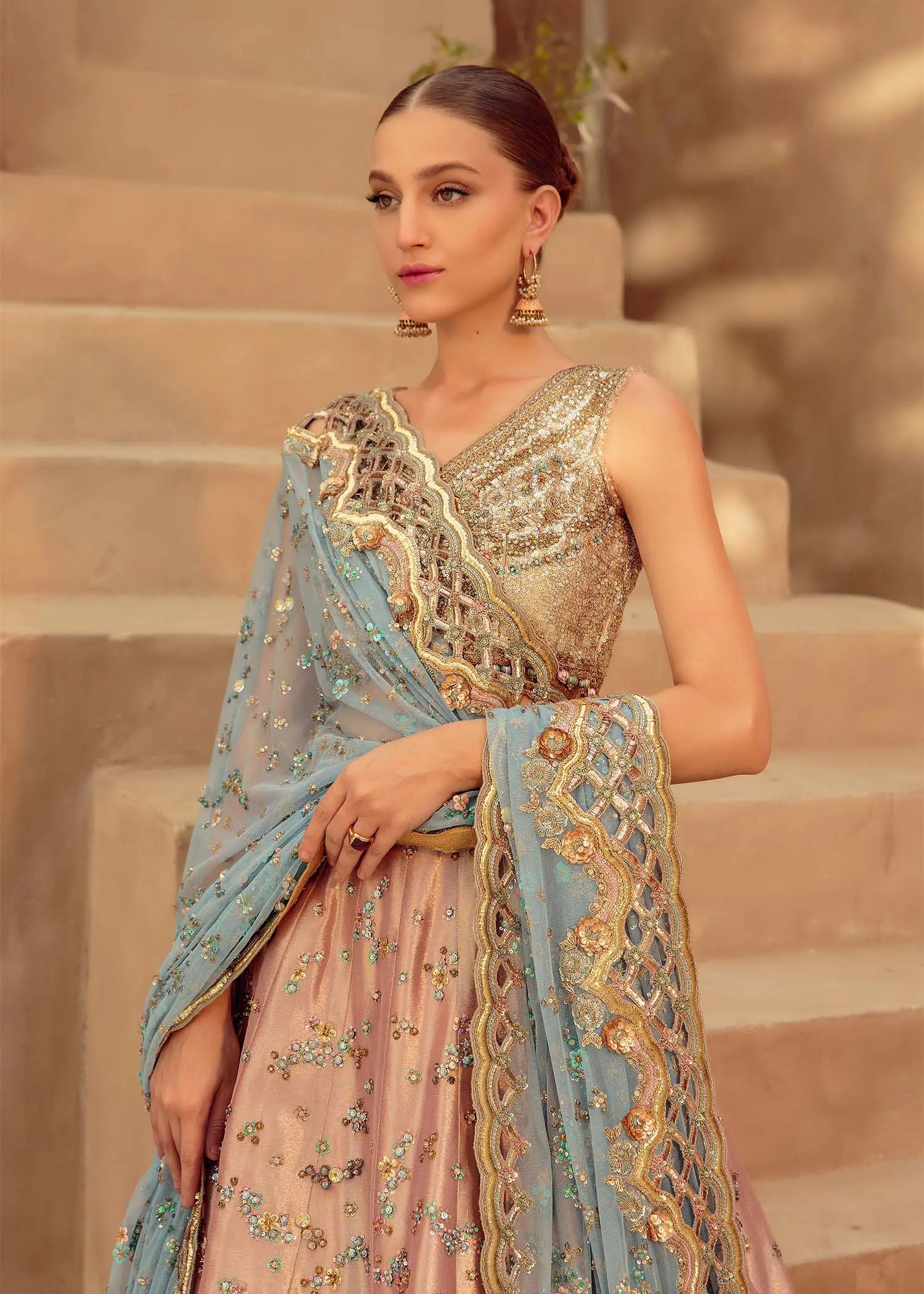 Pakistani Blush Pink Embellished Silk-Blend Lehenga Choli (3-Piece) - Image 4