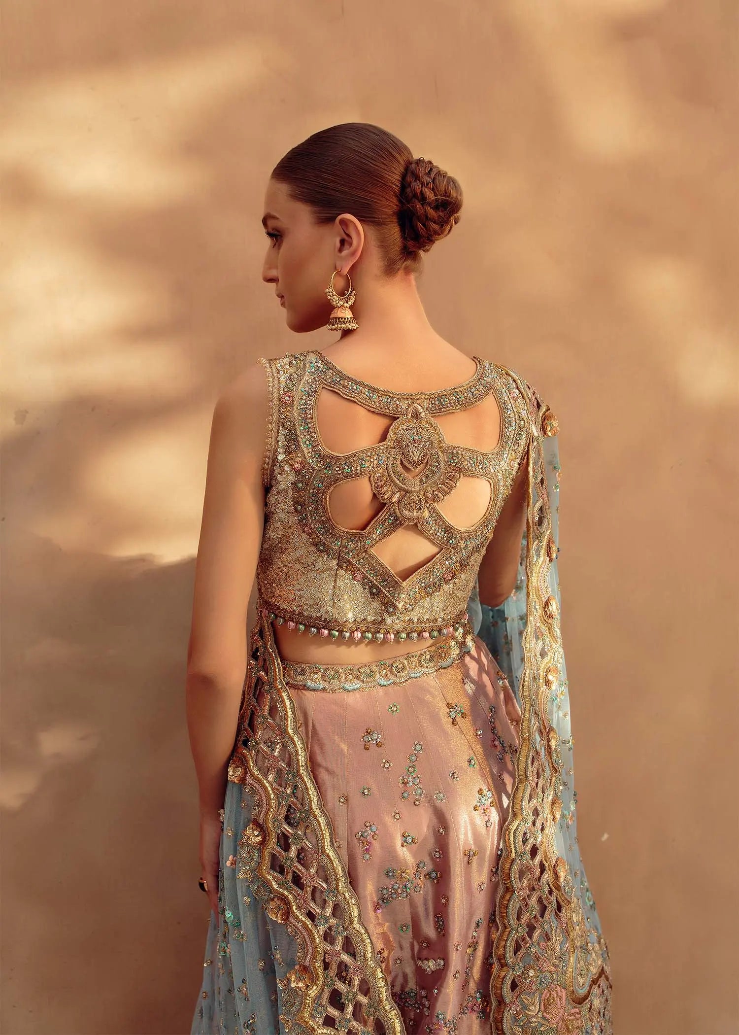 Pakistani Blush Pink Embellished Silk-Blend Lehenga Choli (3-Piece) - Image 5