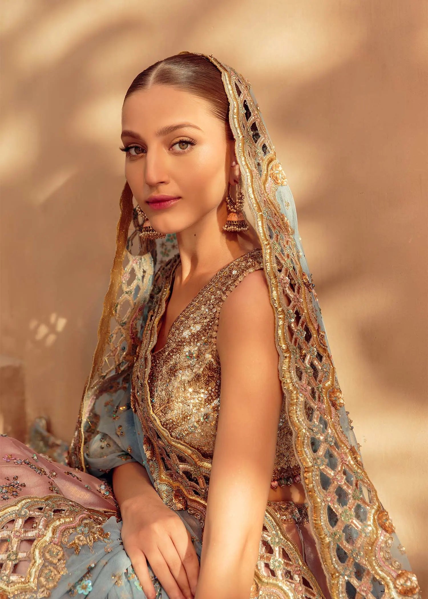 Pakistani Blush Pink Embellished Silk-Blend Lehenga Choli (3-Piece) - Image 6