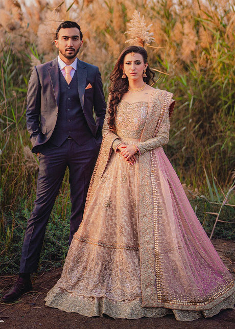 Dusty Pink Gold Embellished Silk-Blend Bridal Lehenga (3-Piece) - Image 1