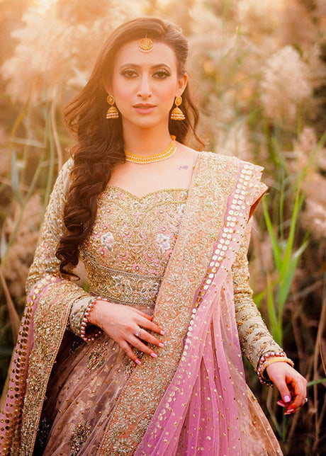 Dusty Pink Gold Embellished Silk-Blend Bridal Lehenga (3-Piece) - Image 3