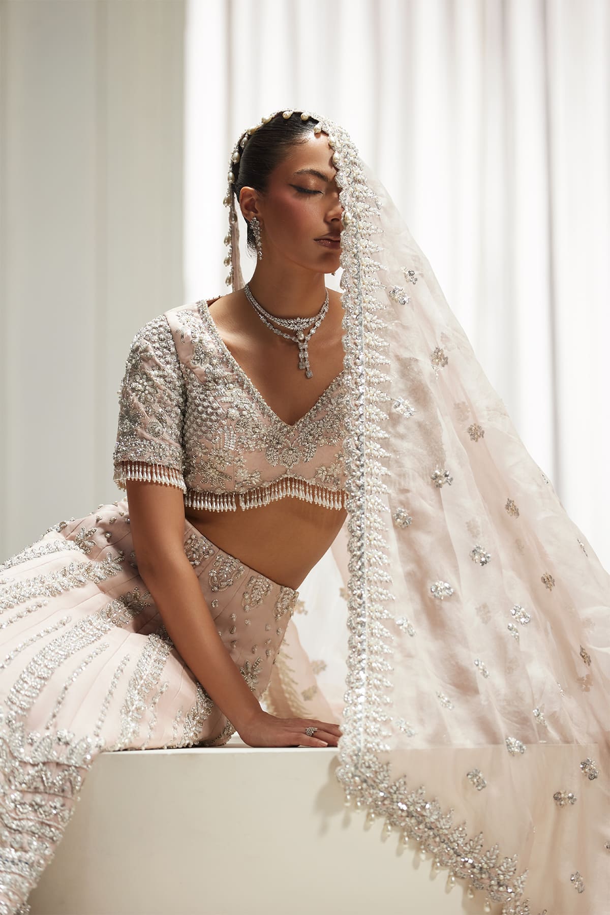 Pakistani Blush Pink Embellished Silk-Blend Lehenga Choli (3-Piece) - Image 10