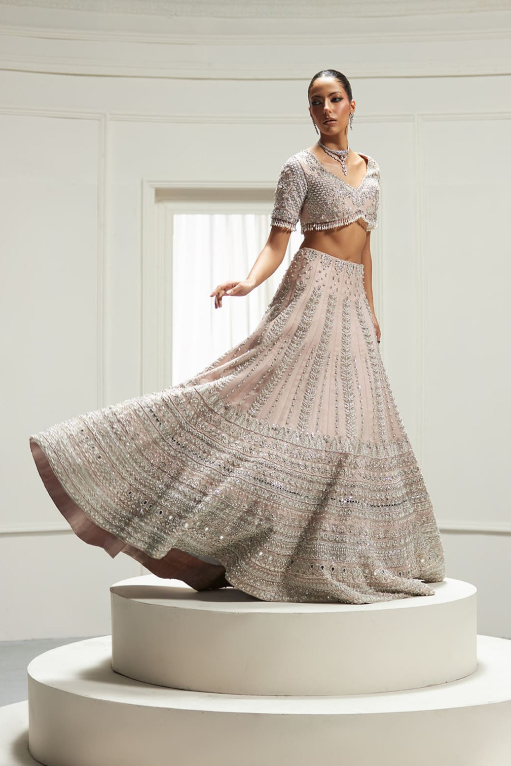Pakistani Blush Pink Embellished Silk-Blend Lehenga Choli (3-Piece) - Image 2