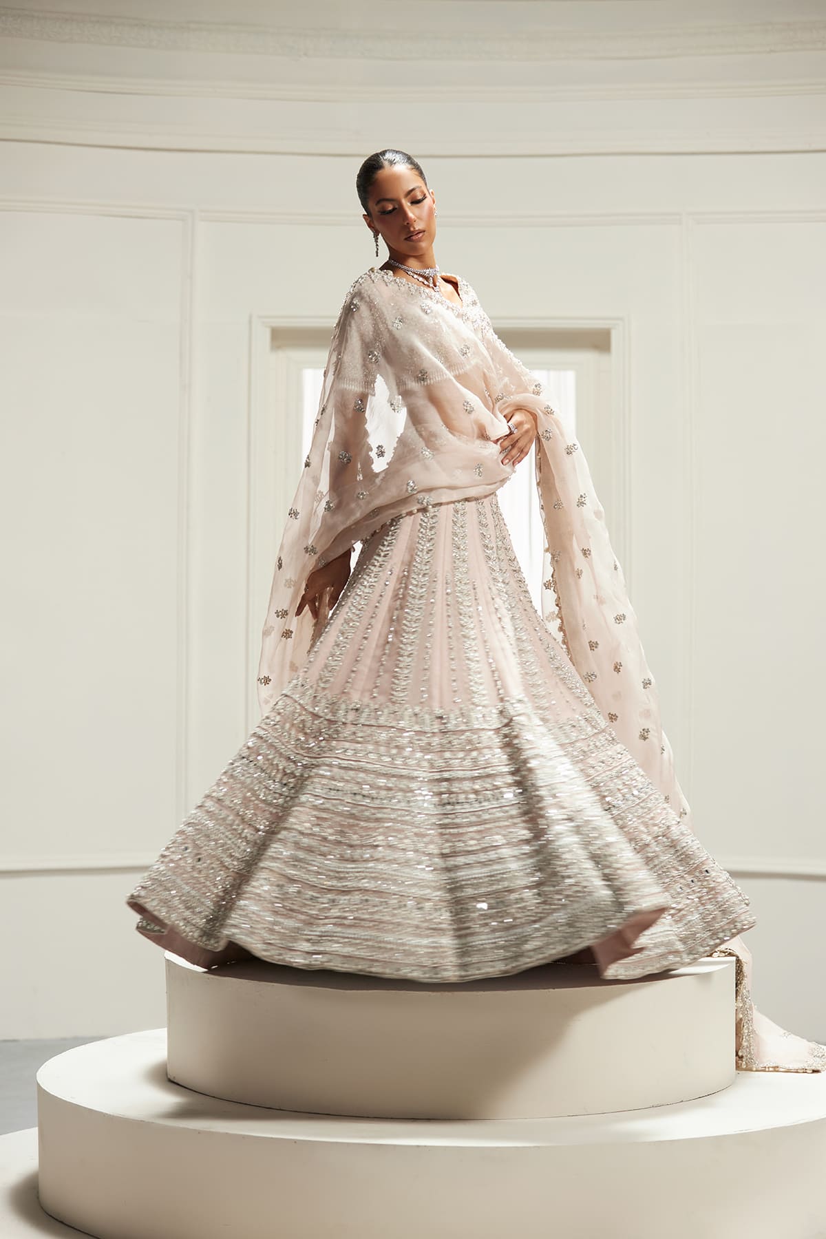 Pakistani Blush Pink Embellished Silk-Blend Lehenga Choli (3-Piece) - Image 3