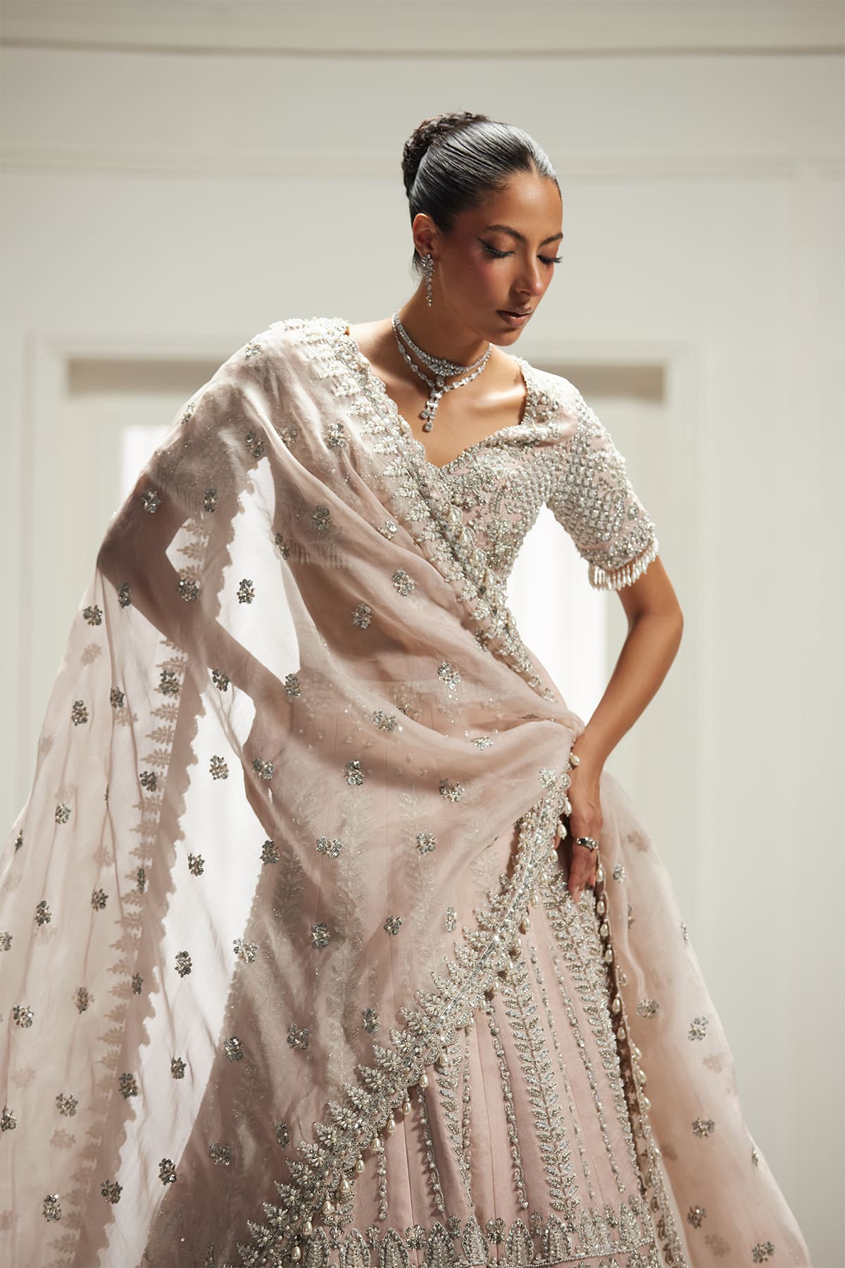 Pakistani Blush Pink Embellished Silk-Blend Lehenga Choli (3-Piece) - Image 4