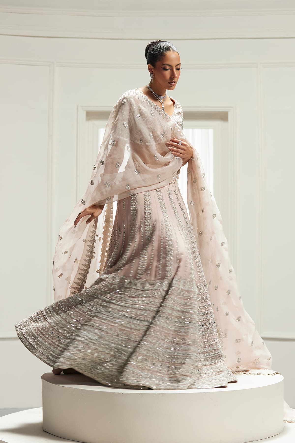 Pakistani Blush Pink Embellished Silk-Blend Lehenga Choli (3-Piece) - Image 6