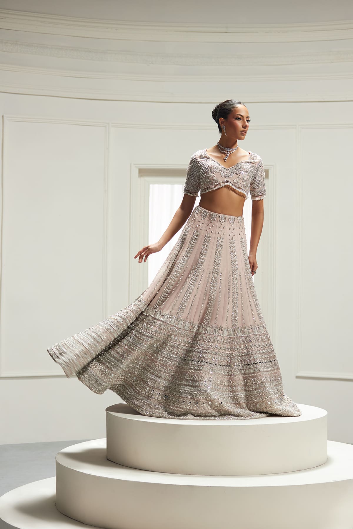 Pakistani Blush Pink Embellished Silk-Blend Lehenga Choli (3-Piece) - Image 7