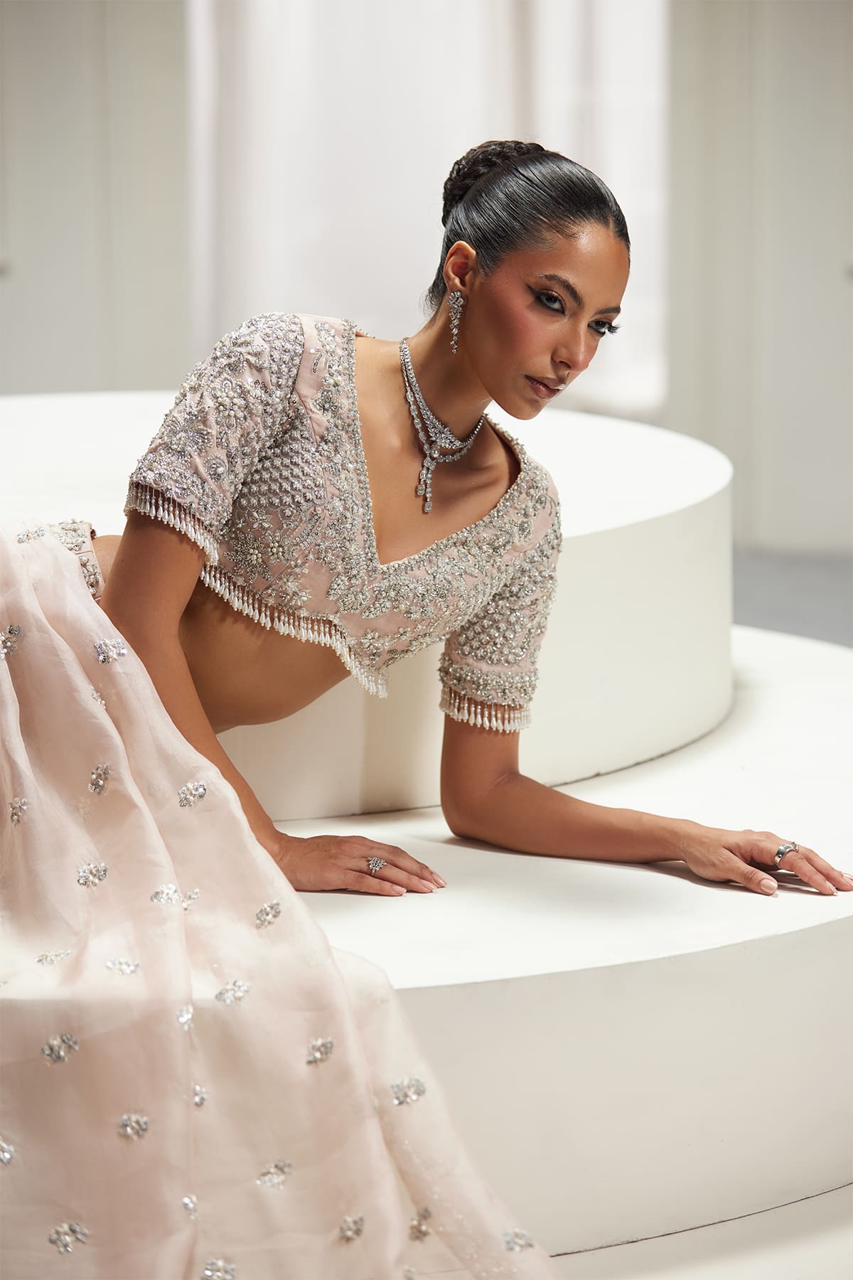 Pakistani Blush Pink Embellished Silk-Blend Lehenga Choli (3-Piece) - Image 8