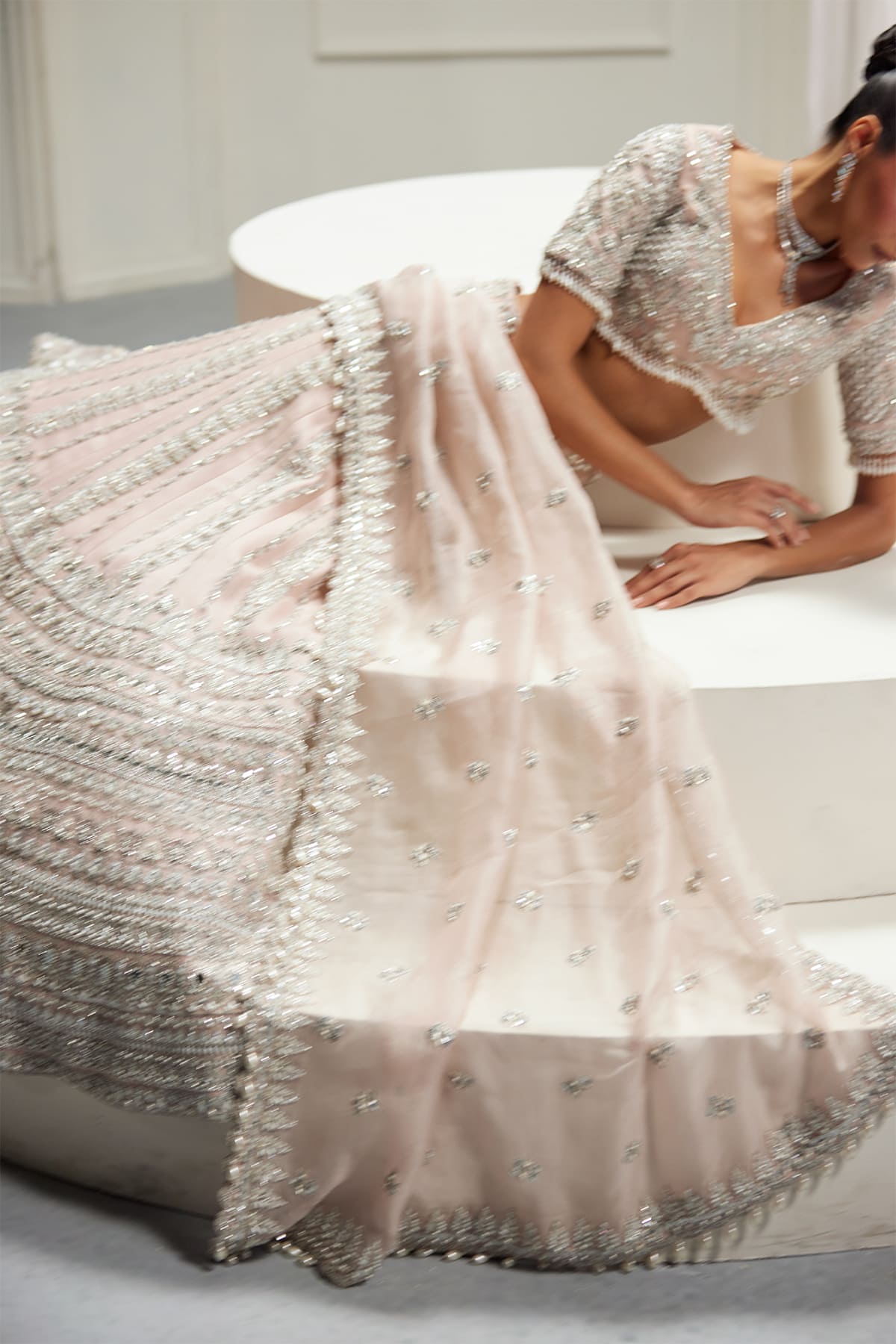 Pakistani Blush Pink Embellished Silk-Blend Lehenga Choli (3-Piece) - Image 9