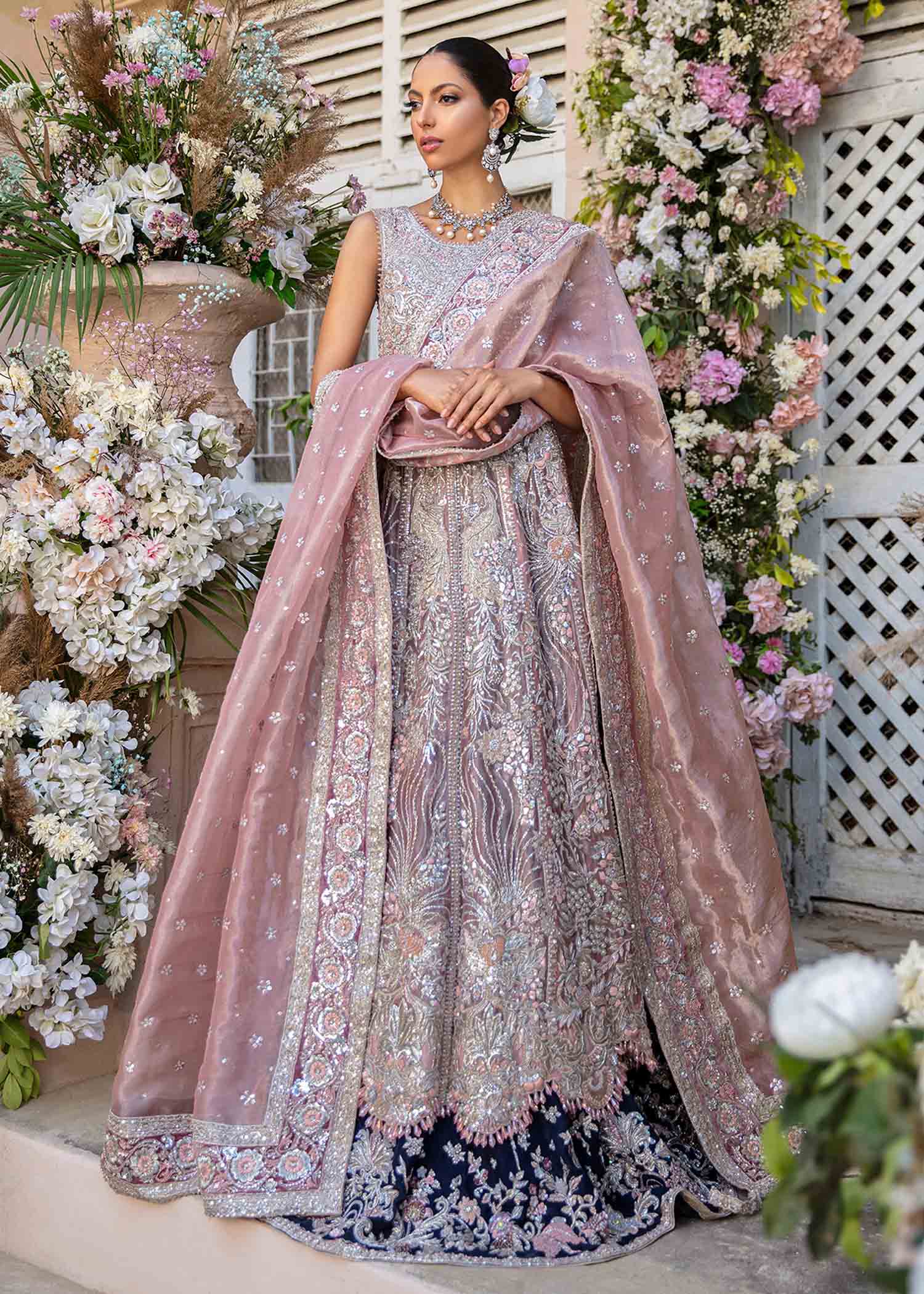 Pakistani Blush Pink Embellished Silk Bridal Lehenga (3-Piece) - Image 1