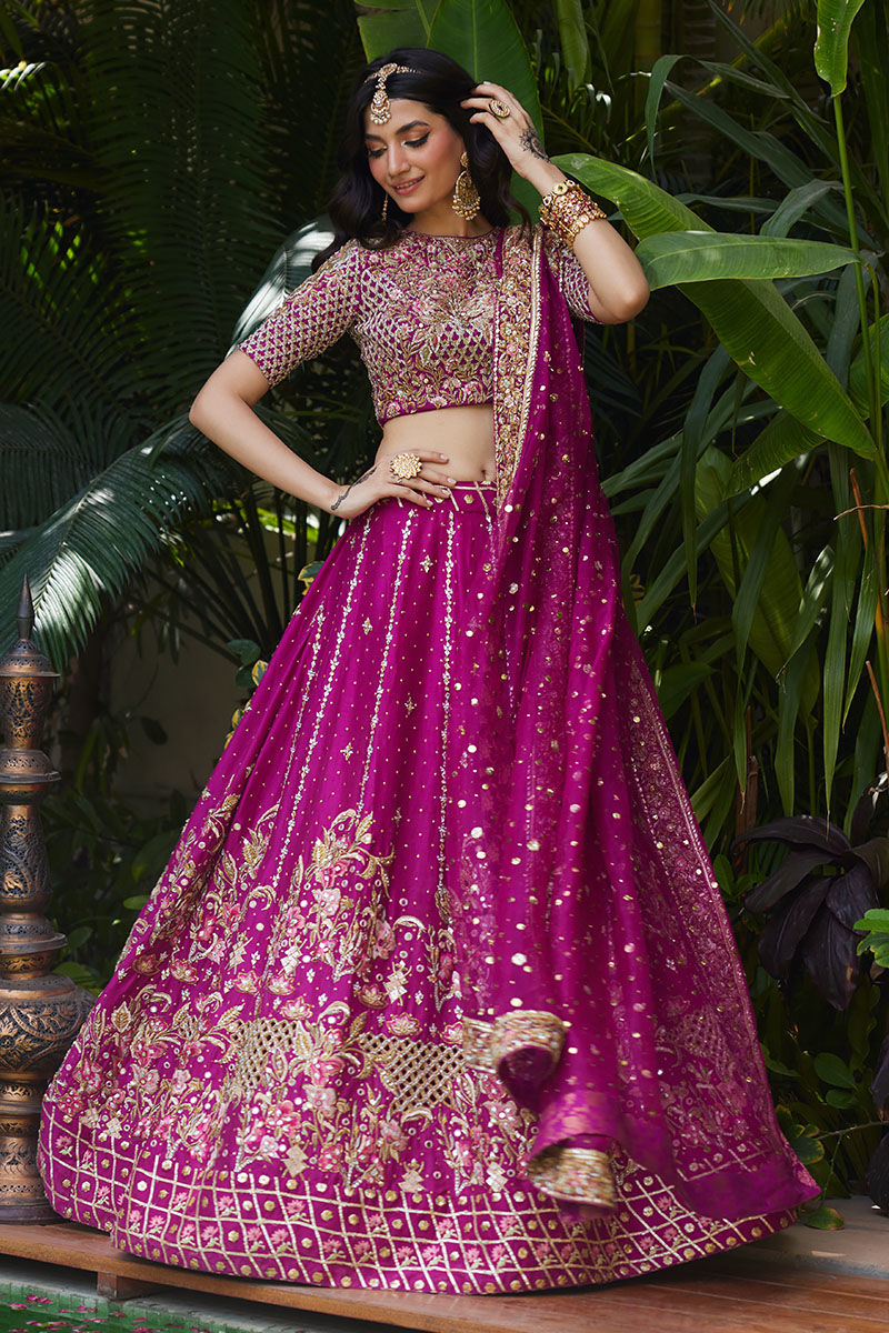 Hot Magenta Embellished Silk-Blend Lehenga Choli (3-Piece) - Image 1