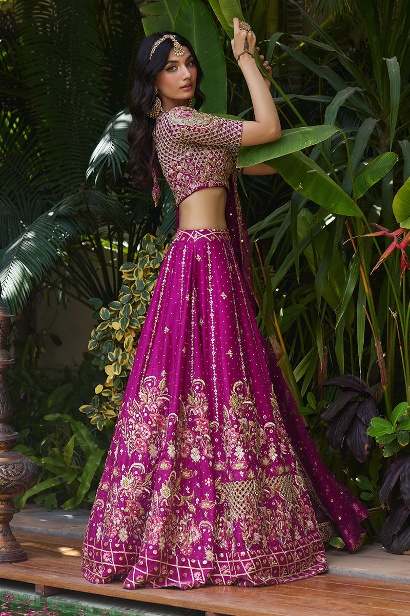 Hot Magenta Embellished Silk-Blend Lehenga Choli (3-Piece) - Image 2