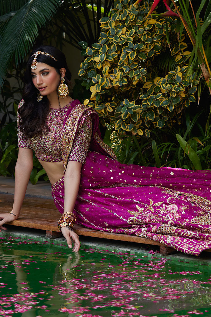 Hot Magenta Embellished Silk-Blend Lehenga Choli (3-Piece) - Image 4