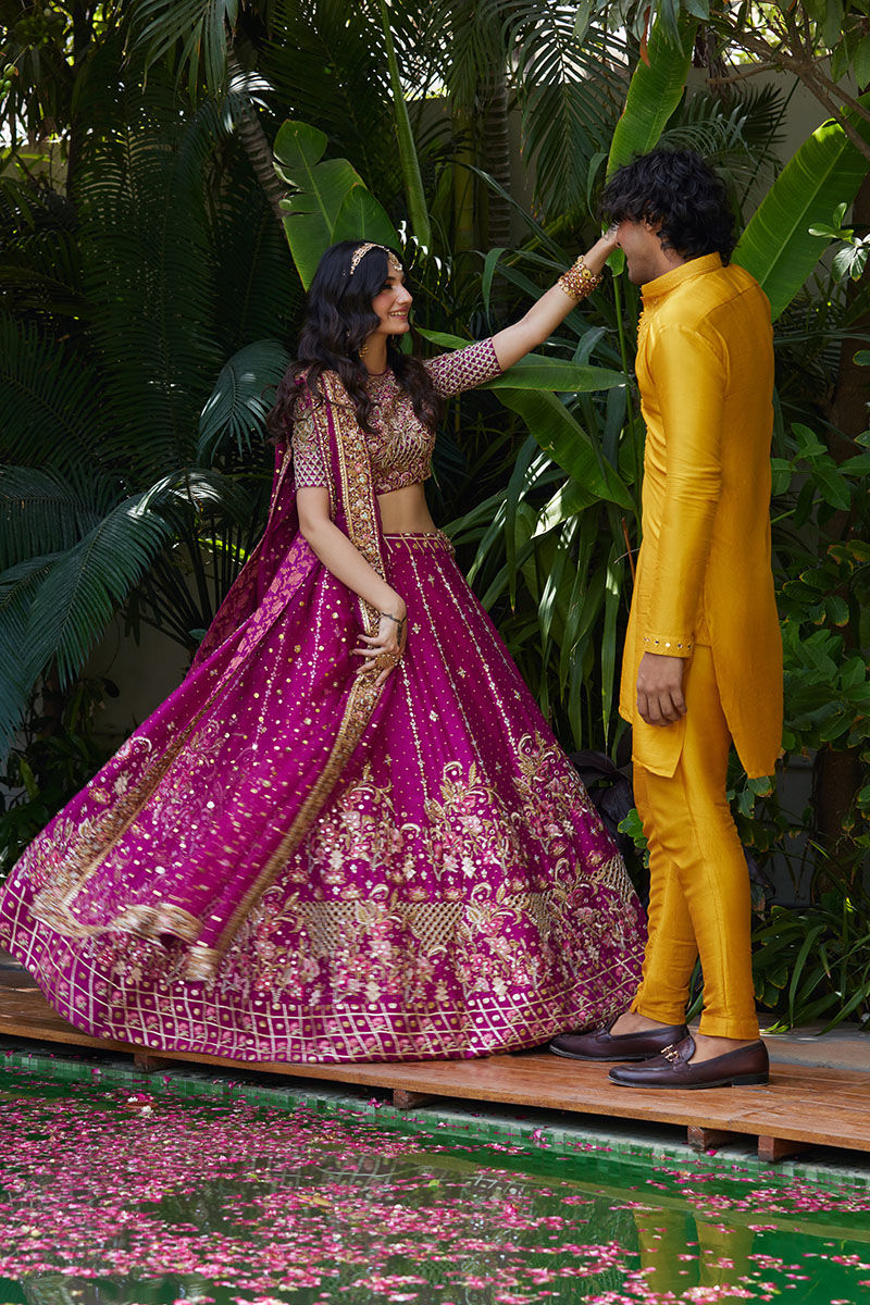 Hot Magenta Embellished Silk-Blend Lehenga Choli (3-Piece) - Image 5