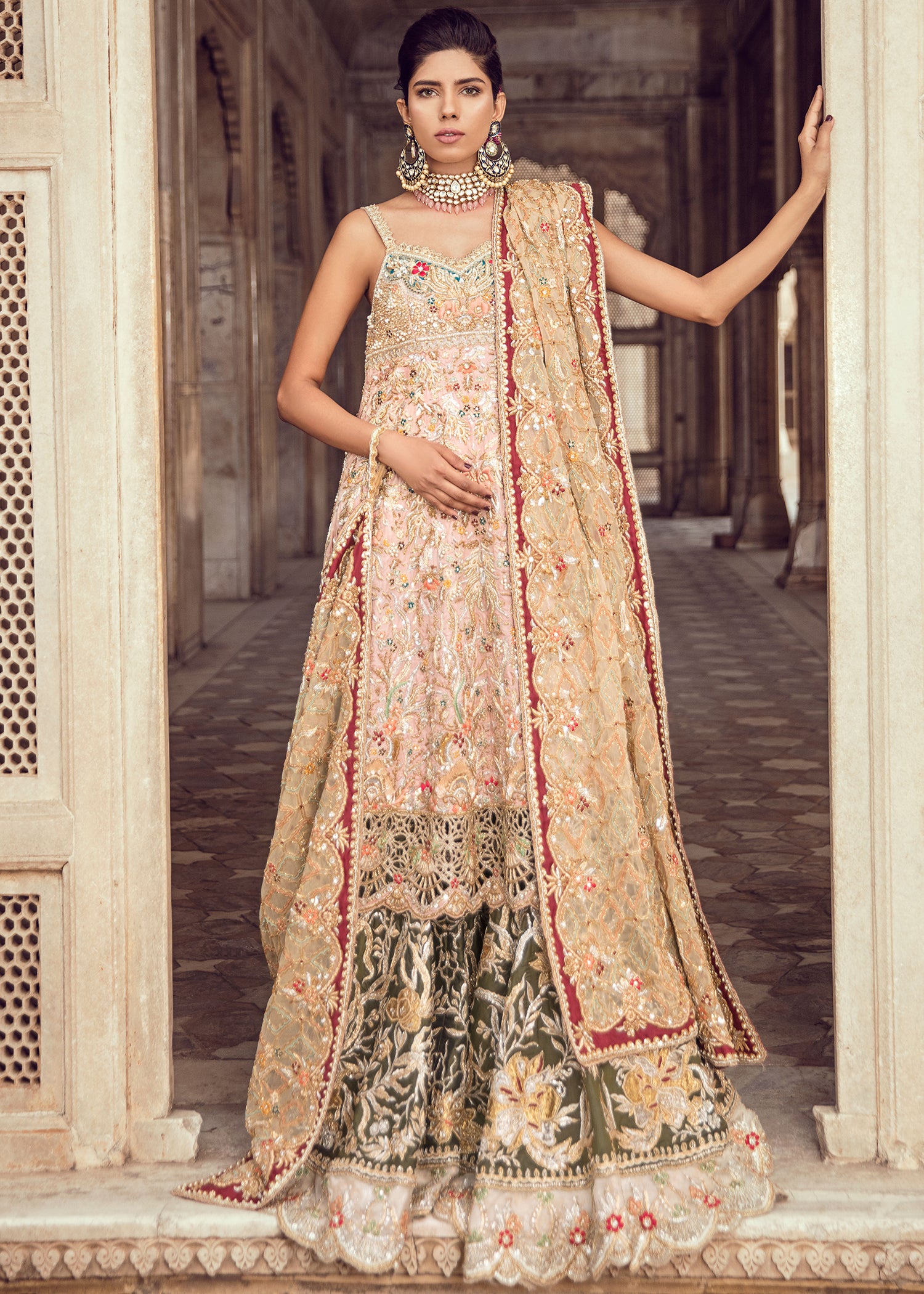 Pakistani Blush Pink & Olive Green Embroidered Silk-Blend Lehenga (3-Piece) - Image 1