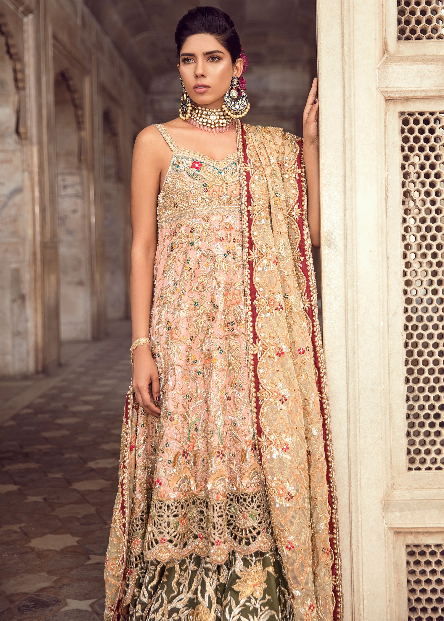 Pakistani Blush Pink & Olive Green Embroidered Silk-Blend Lehenga (3-Piece) - Image 2