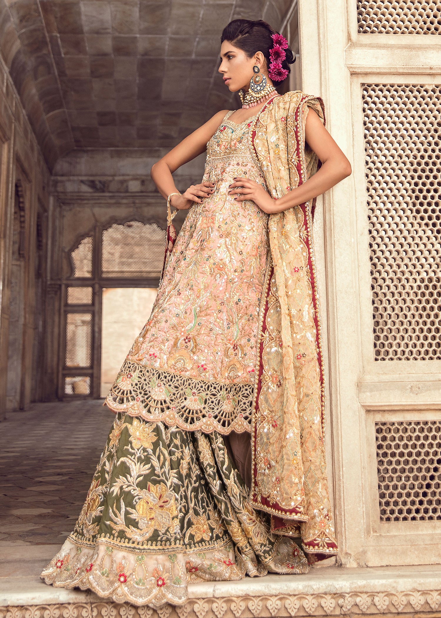 Pakistani Blush Pink & Olive Green Embroidered Silk-Blend Lehenga (3-Piece) - Image 4