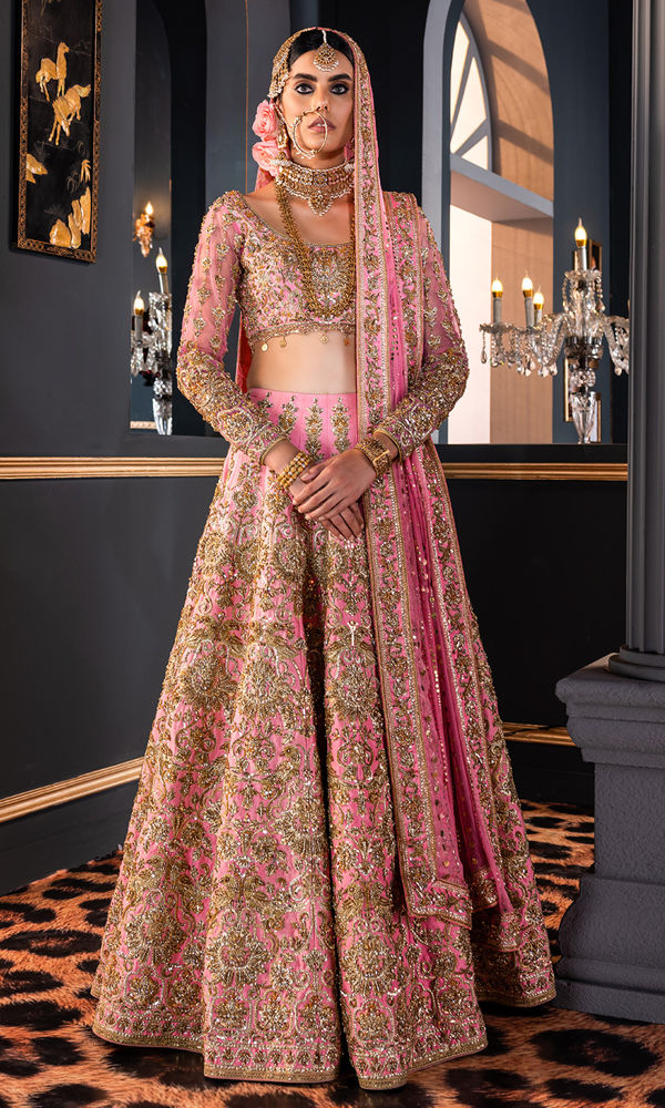 Pakistani Rani Pink Gold Handworked Silk-Blend Bridal Lehenga (3-Piece) - Image 2