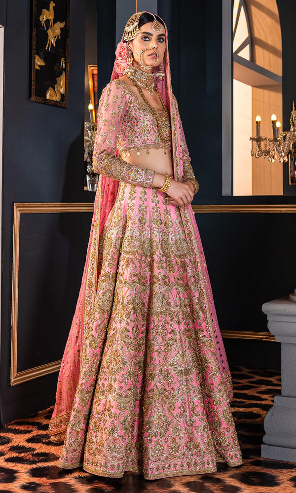 Pakistani Rani Pink Gold Handworked Silk-Blend Bridal Lehenga (3-Piece) - Image 3