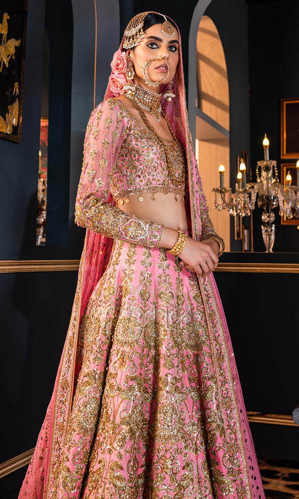 Pakistani Rani Pink Gold Handworked Silk-Blend Bridal Lehenga (3-Piece) - Image 4