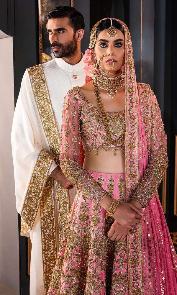 Pakistani Rani Pink Gold Handworked Silk-Blend Bridal Lehenga (3-Piece) - Image 5