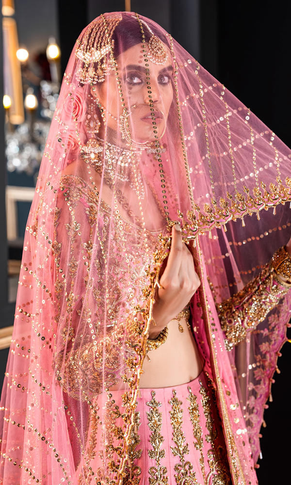 Pakistani Rani Pink Gold Handworked Silk-Blend Bridal Lehenga (3-Piece) - Image 6