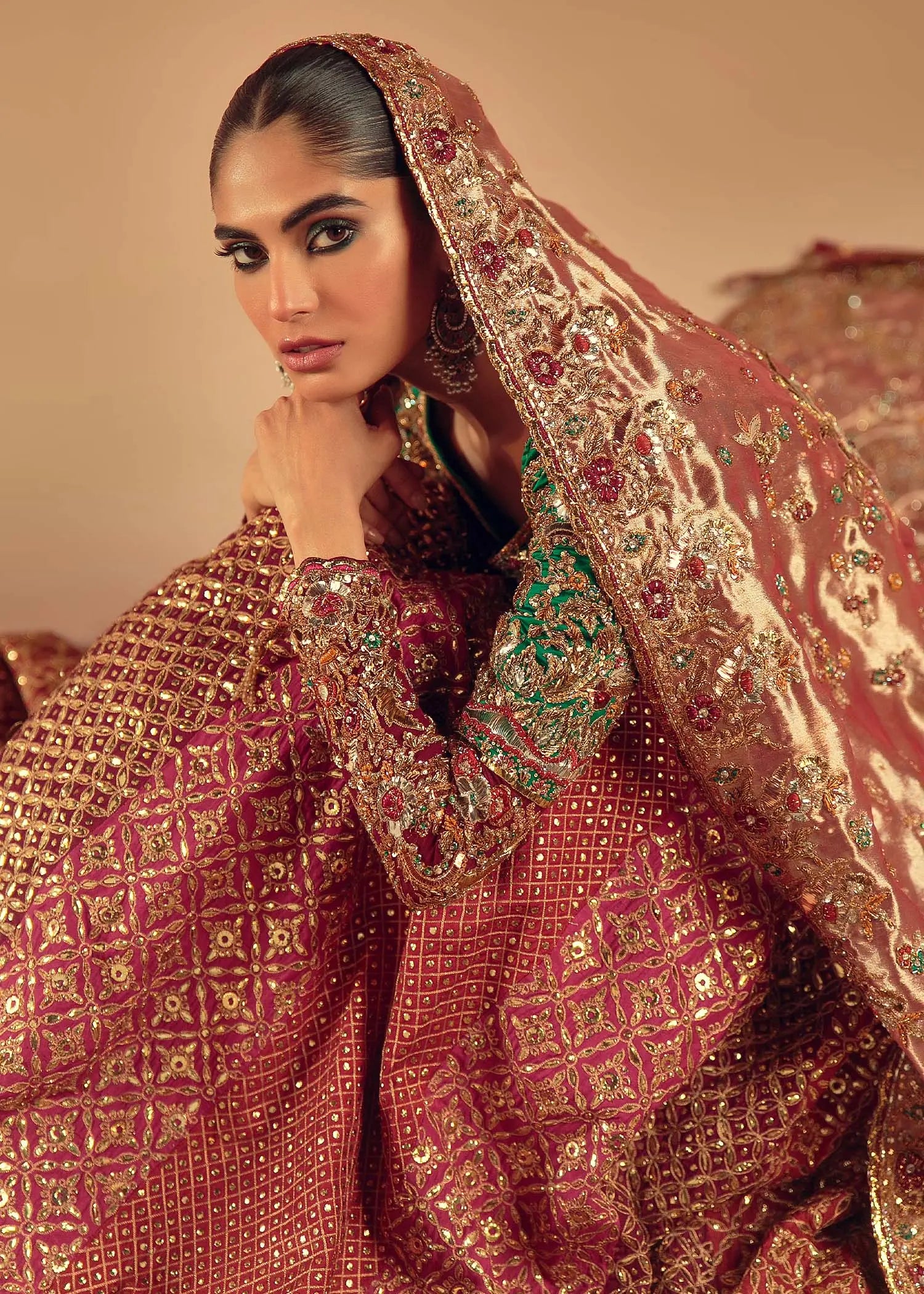 Pakistani Berry Pink Embellished Silk Bridal Lehenga Choli (3-Piece) - Image 4