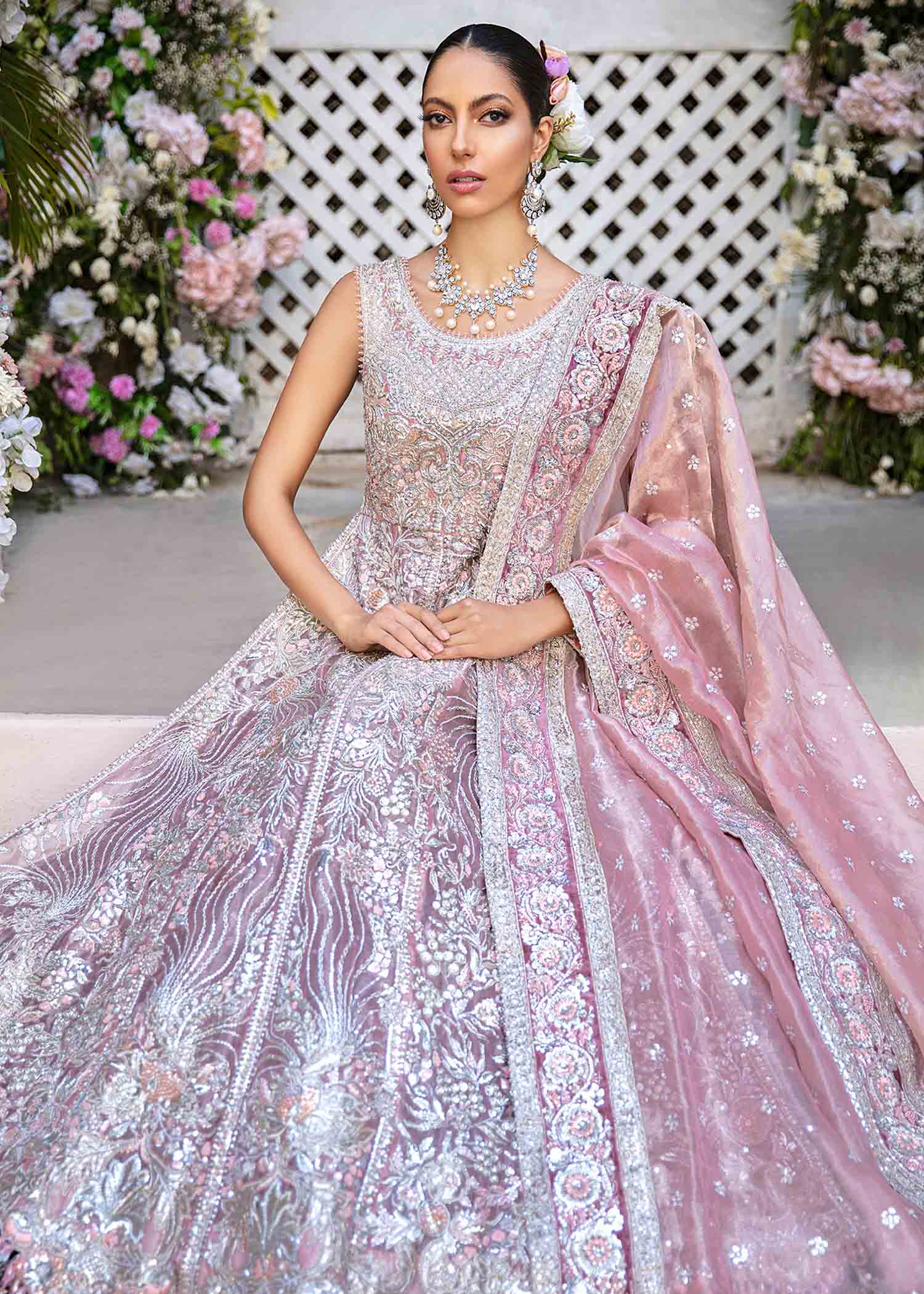 Pakistani Blush Pink Silver Embellished Silk Bridal Lehenga (3-Piece) - Image 3