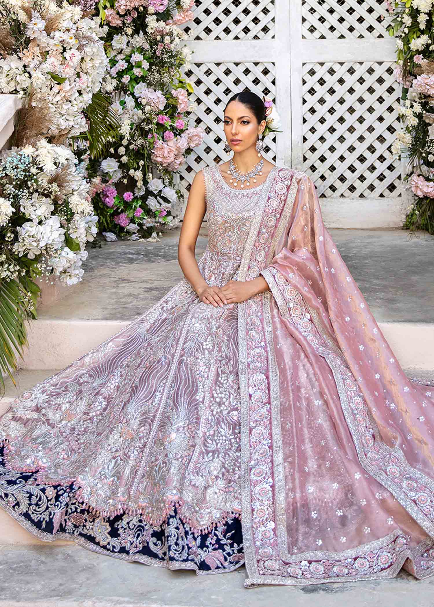 Pakistani Blush Pink Silver Embellished Silk Bridal Lehenga (3-Piece) - Image 7
