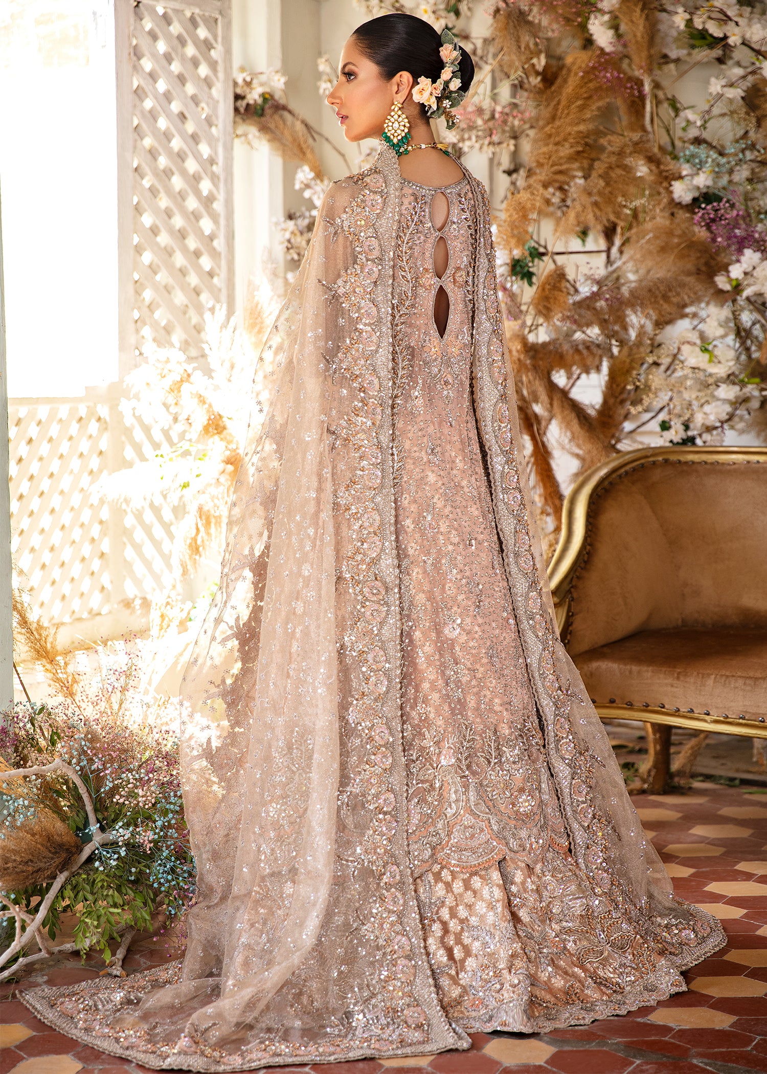 Pakistani Coral Peach Embellished Silk-Blend Bridal Lehenga (3-Piece) - Image 4