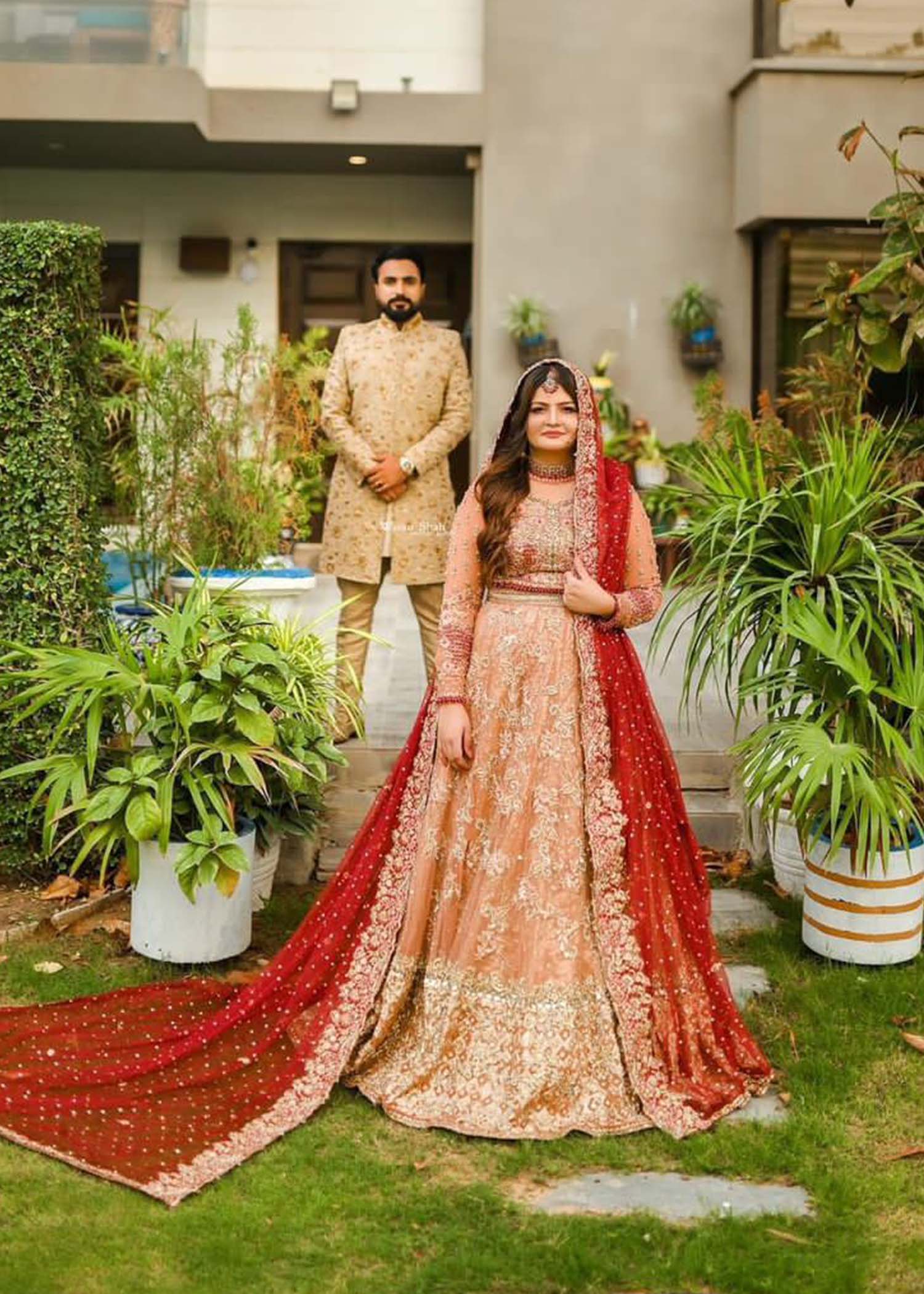 Peach and Red Embellished Silk Bridal Lehenga (3-Piece) - Image 1