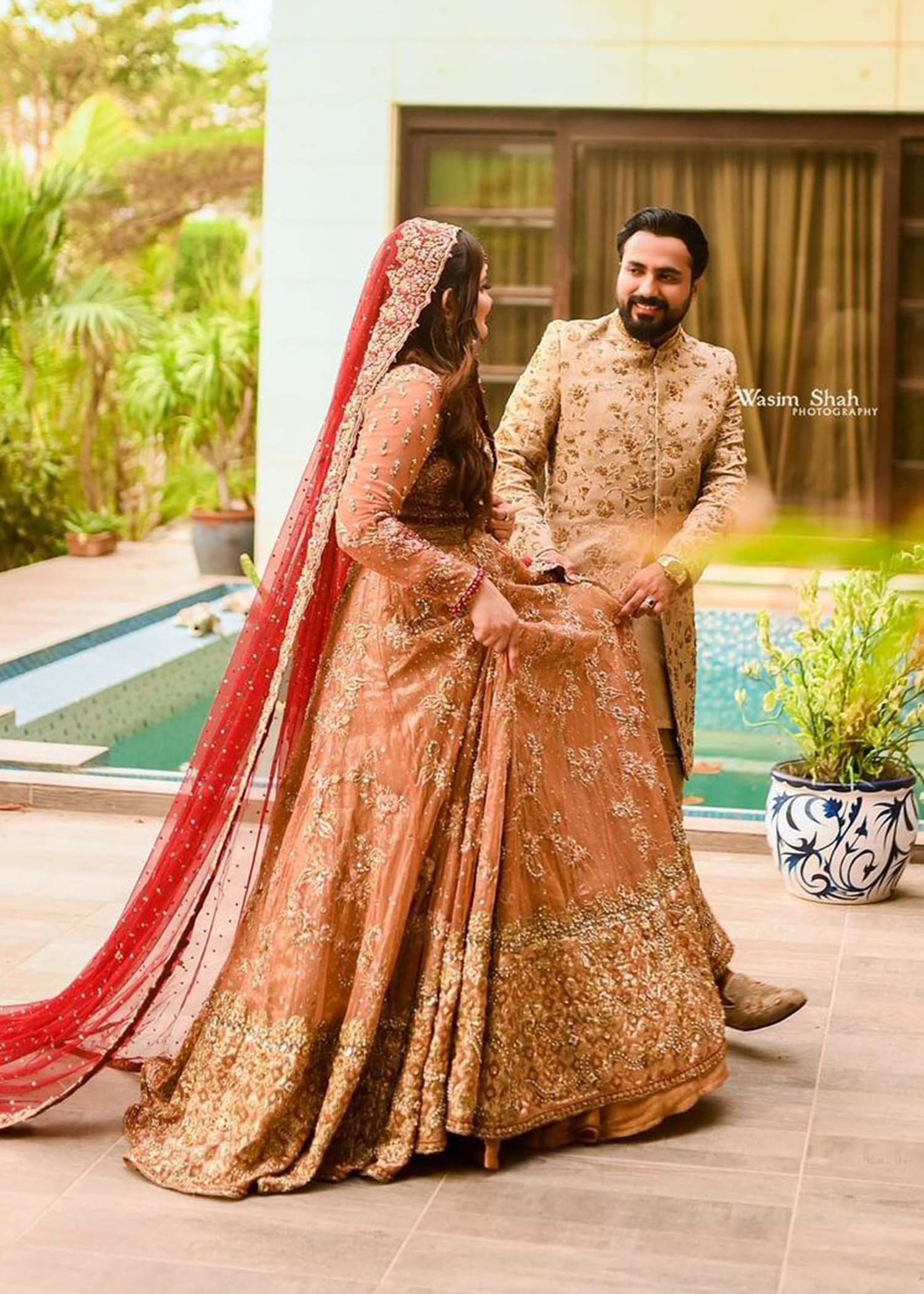 Peach and Red Embellished Silk Bridal Lehenga (3-Piece) - Image 3