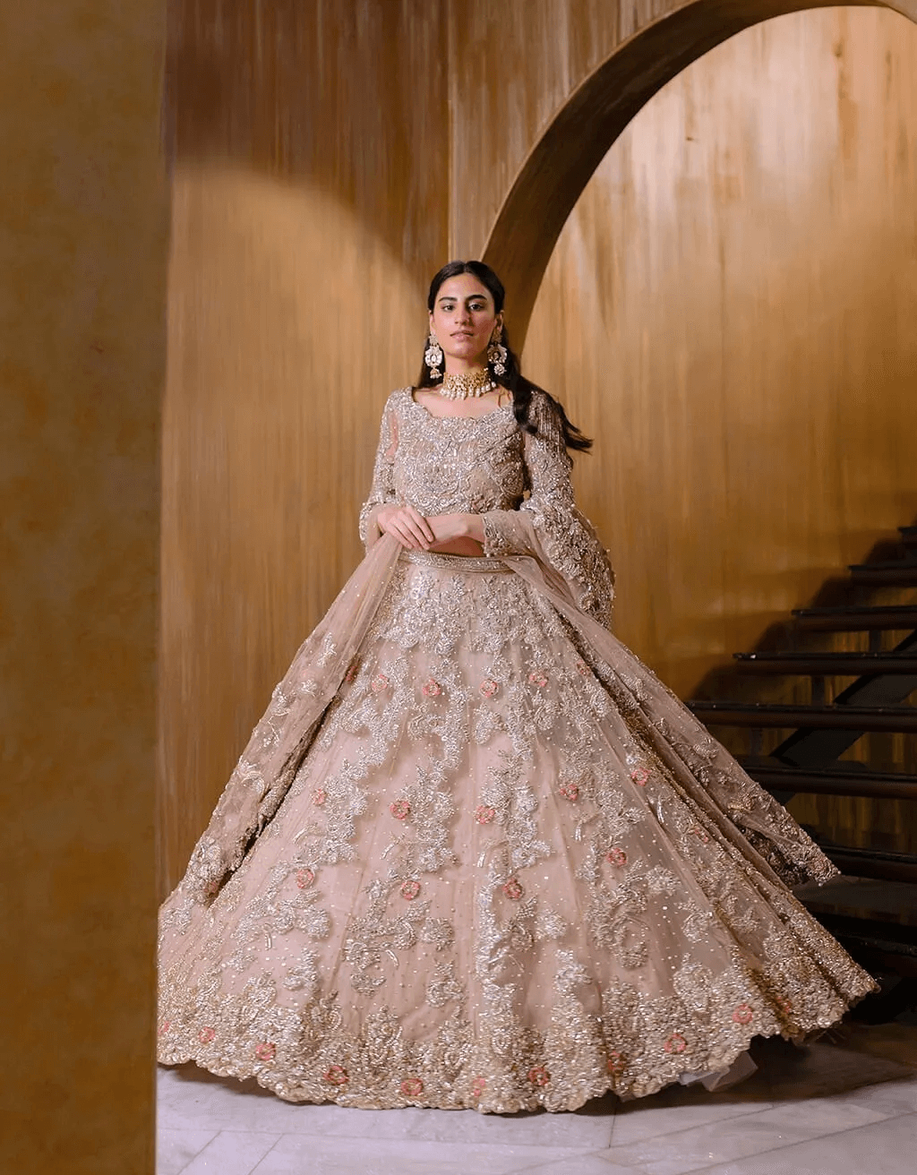 Dusty Pink Embroidered Silk-Blend Bridal Lehenga (3-Piece) - Image 4