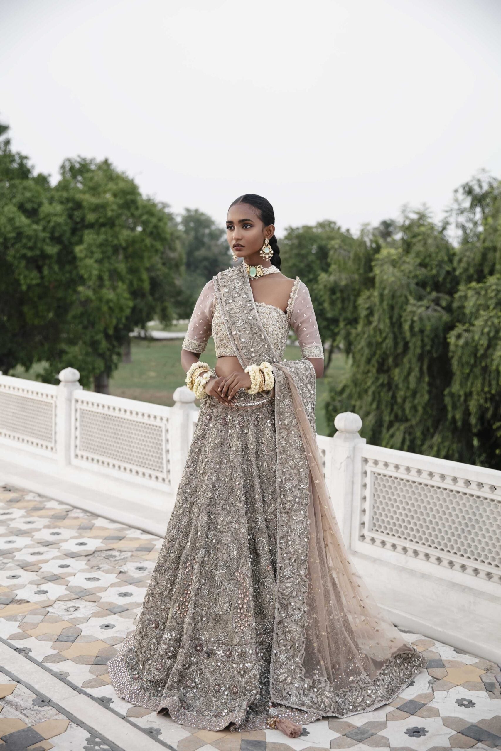 Blush Pink Metallic Embroidered Silk-Blend Lehenga Choli (3-Piece) - Image 2