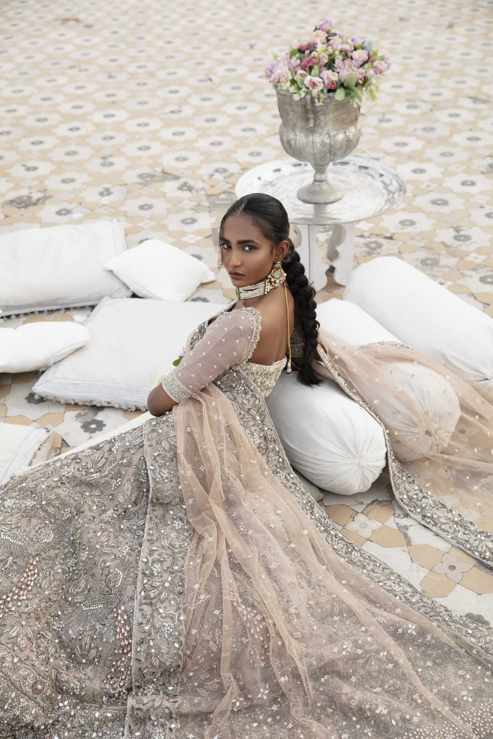 Blush Pink Metallic Embroidered Silk-Blend Lehenga Choli (3-Piece) - Image 5