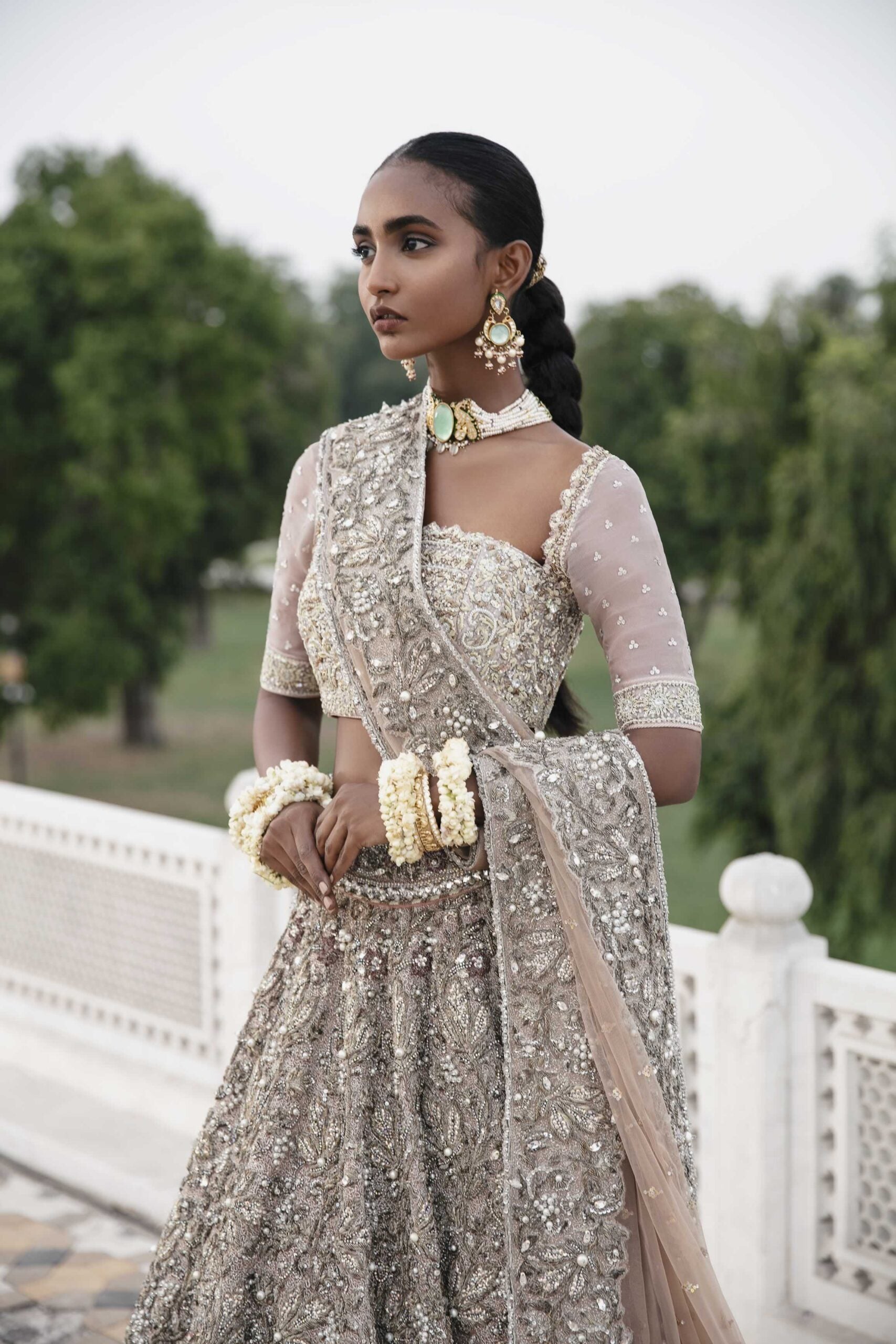 Blush Pink Metallic Embroidered Silk-Blend Lehenga Choli (3-Piece) - Image 6