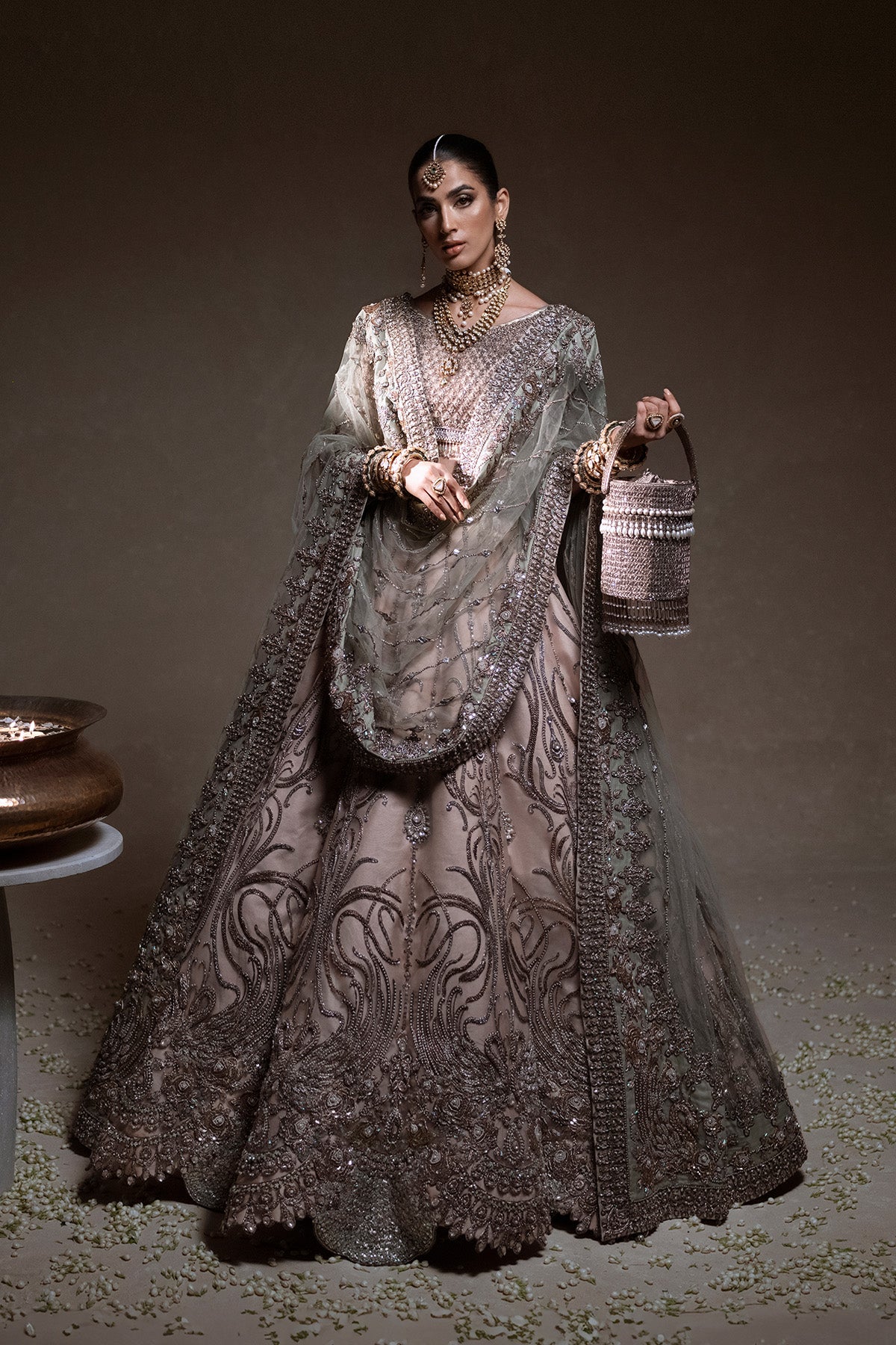 Shell Pink Zardozi Net & Silk Bridal Lehenga (3-Piece) - Image 2