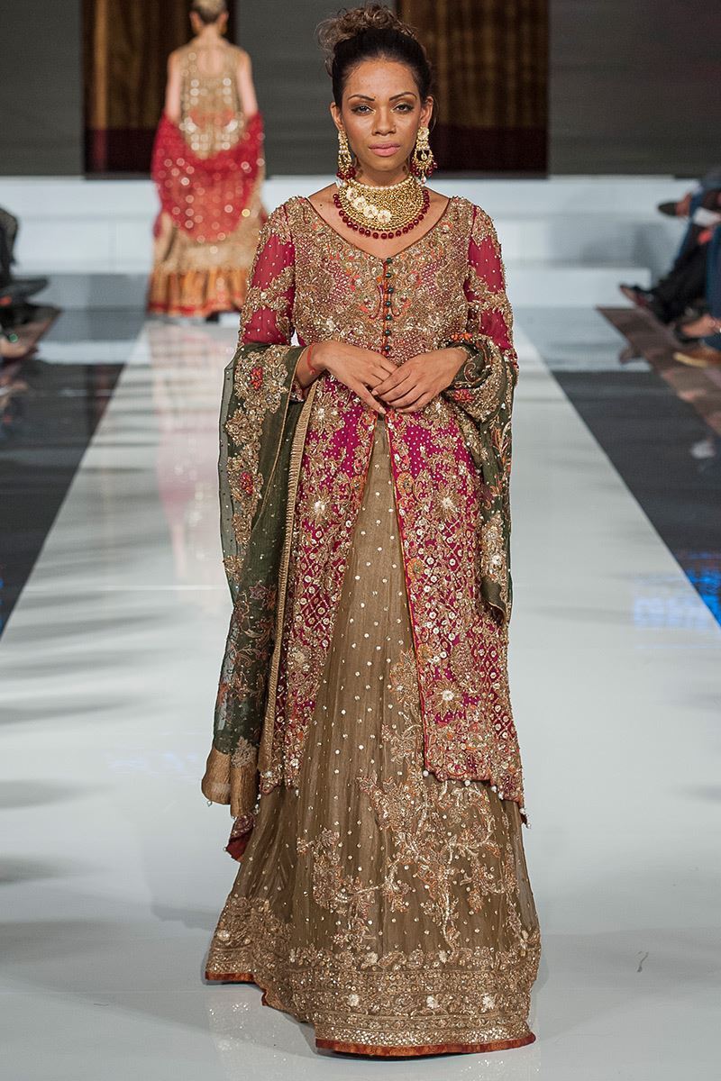 Magenta Zardozi Net Trail Gown with Gold Lehenga (3-Piece) - Image 1