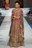 Magenta Zardozi Net Trail Gown with Gold Lehenga (3-Piece) - Image 3