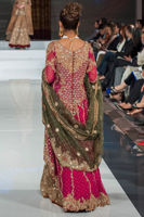 Magenta Zardozi Net Trail Gown with Gold Lehenga (3-Piece) - Image 4